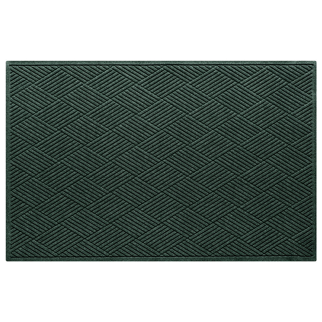 An extra large WaterHog premium door mat with a deep green crisscrossing linear and eco-friendly, durable surface.