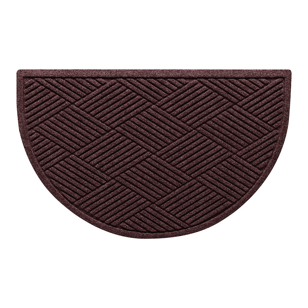 A half-round WaterHog all-weather doormat with a deep wine red surface and crisscrossing linear pattern.