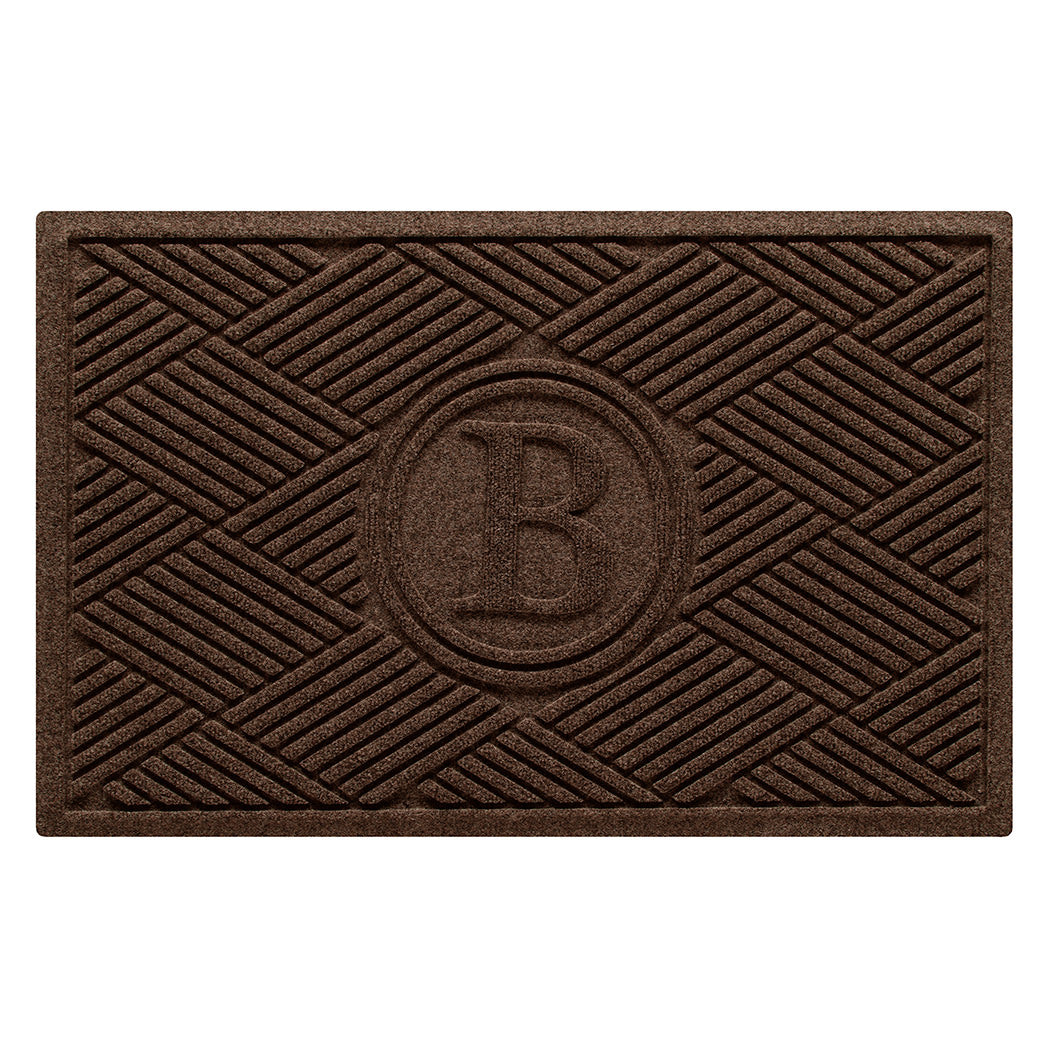 Diamonds WaterHog luxury monogrammed doormat in a dark earthy brown crisscrossing linear pattern.