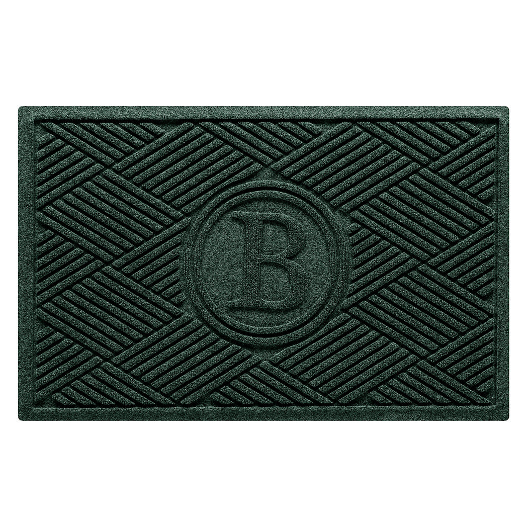 WaterHog Diamonds monogrammed doormat with a deep green crisscrossing linear and eco-friendly, durable surface.