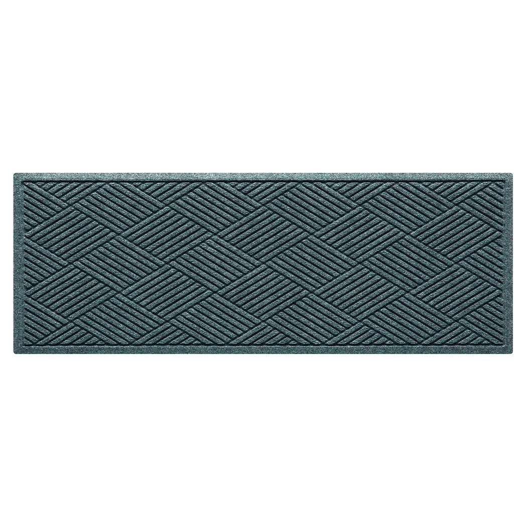 Overhead of a small Diamonds WaterHog outdoor runner in a light blue/grey surface and crisscrossing linear pattern.