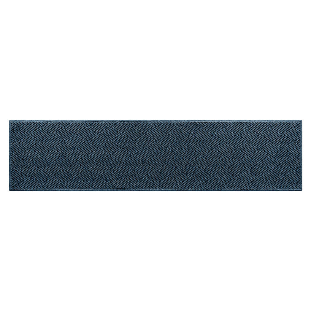 Navy colored runner with geometric diamond pattern with stain-resistant surface on a white background