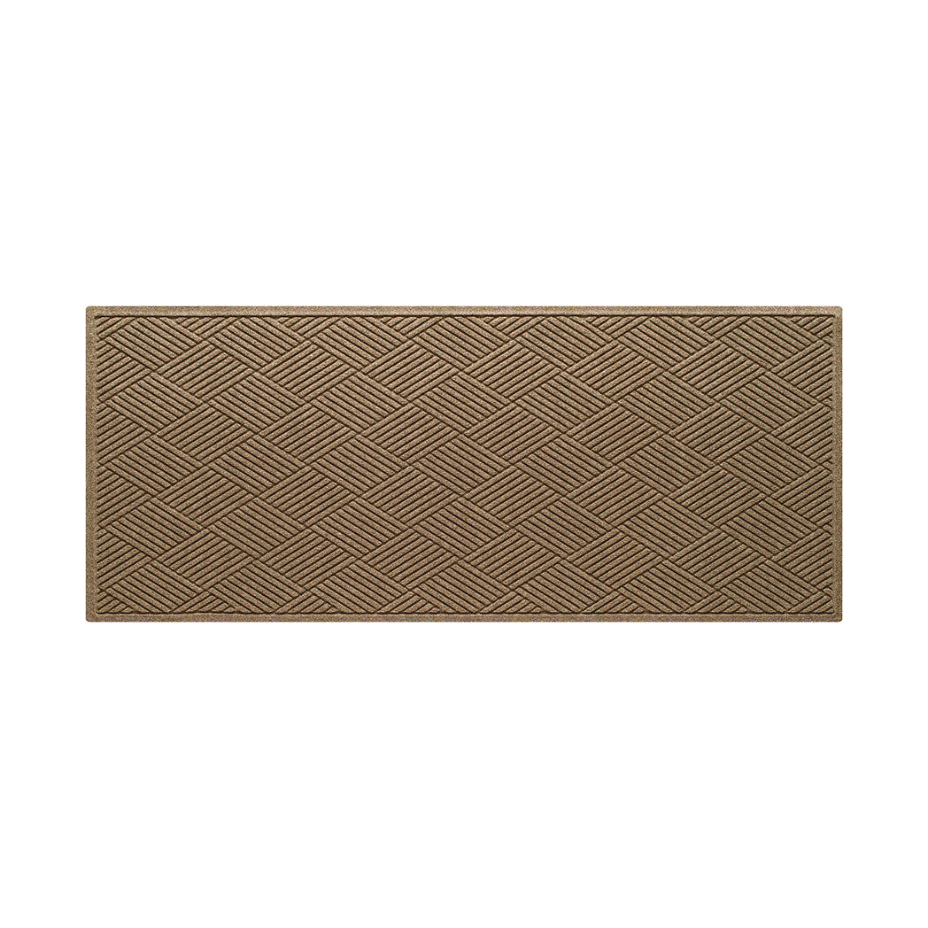 An OG WaterHog indoor/outdoor medium runner in a light tan crisscrossing linear and eco-friendly, durable surface.