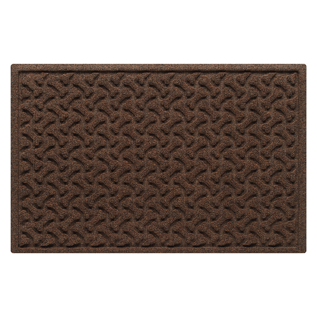 WaterHog Dog Bones medium-sized outdoor doormat with a dark earthy brown surface and repeating pet bones pattern.