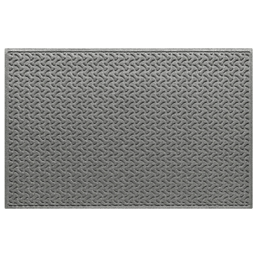 A WaterHog 4x6 indoor/outdoor rugged doormat with a light grey repeating dog bone design; an American-made mat.