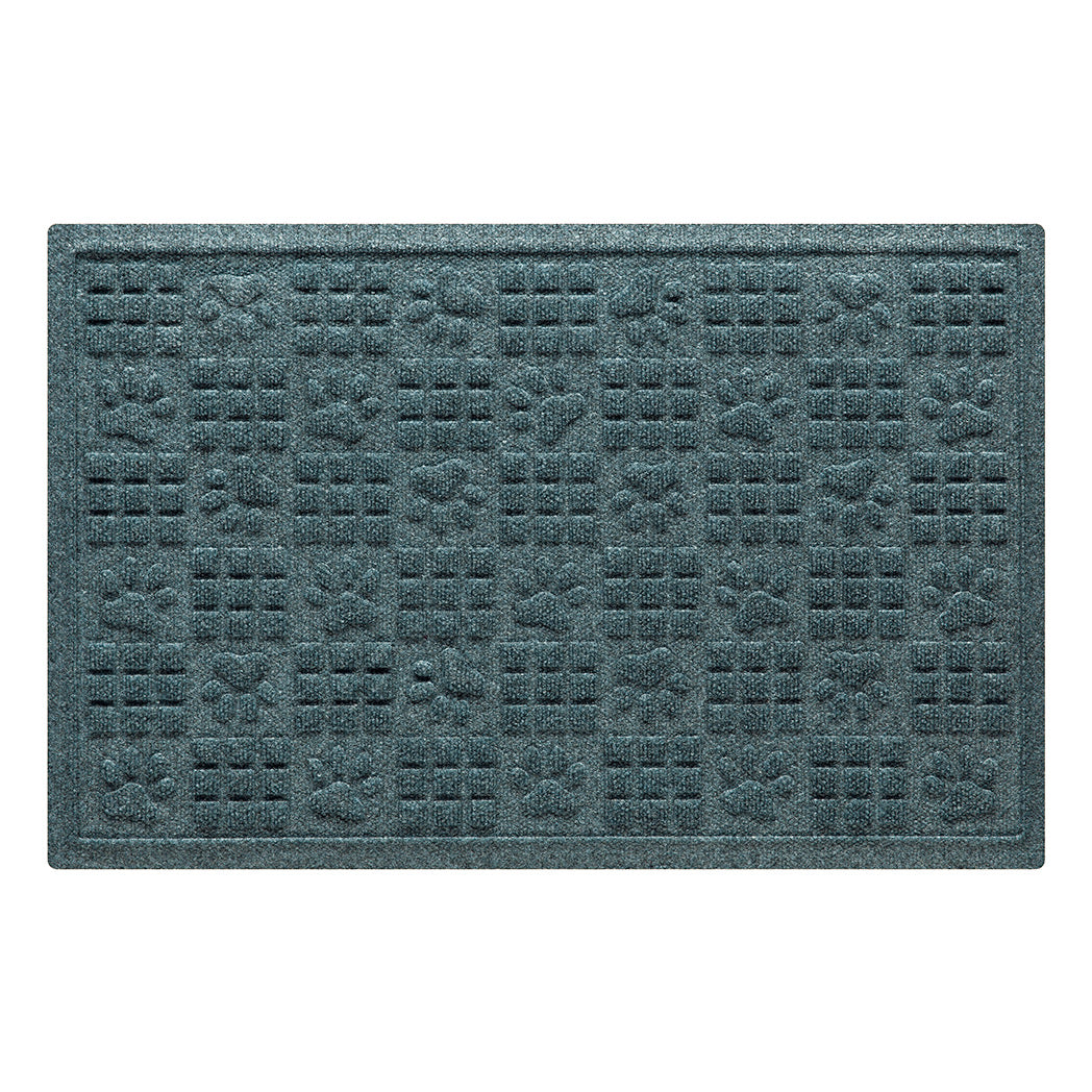 Overhead of a 2x3 WaterHog doormat with alternating square and paw print pattern with a light blue/grey surface.