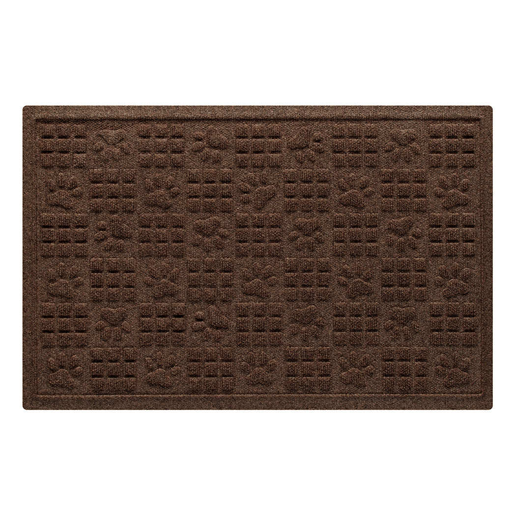 An all-weather WaterHog doormat with an alternating squares and paw prints pattern in a dark brown, bi-level surface.