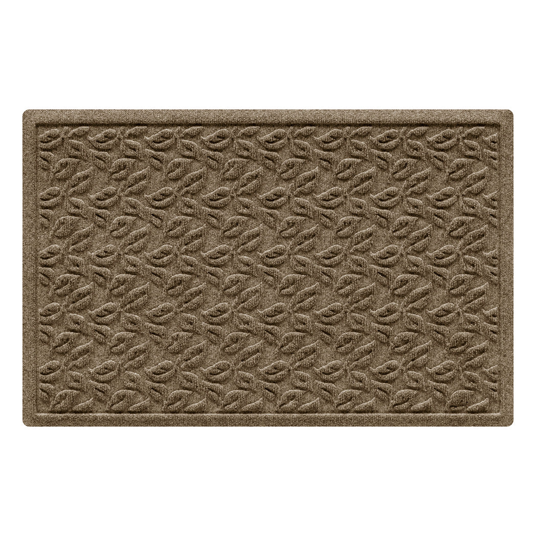 A creamy tan, repetitive leaf pattern doormat that's all-weather