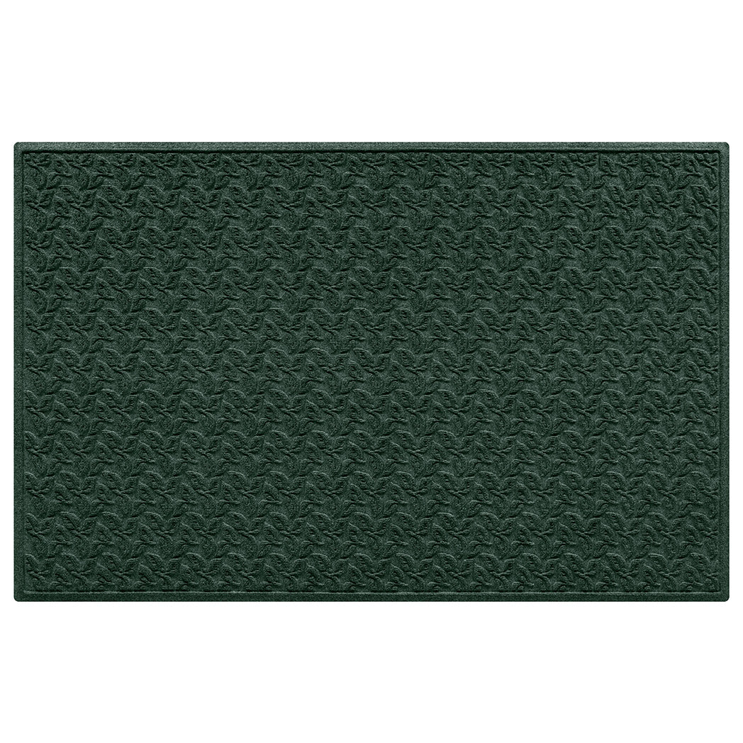 All-weather, stain-resistant doormat in evergreen with leaf pattern and bi-level surface on white background