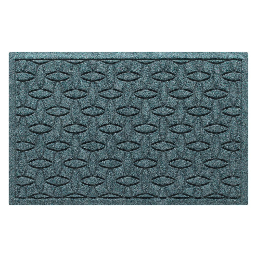 A premium WaterHog 2x3 indoor/outdoor doormat in a light blue/grey color with an interlocking elliptical, bi-level design.