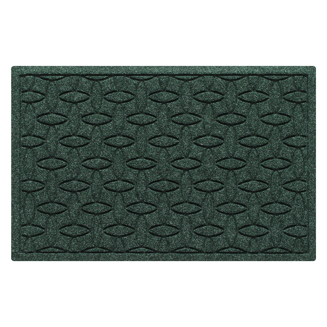 A genuine WaterHog medium-sized outdoor door mat with a deep green interlocking elliptical design; an American-made mat.