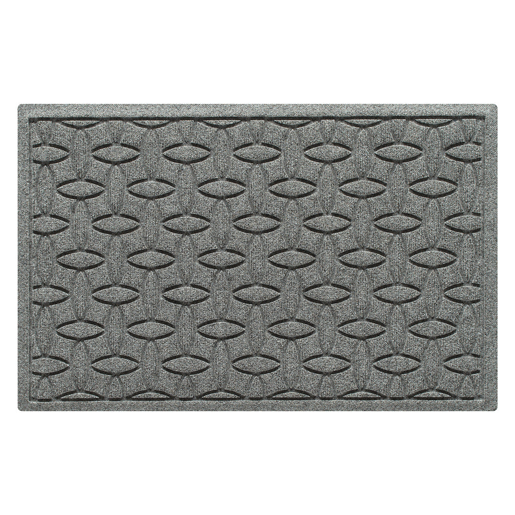 Overhead of a WaterHog medium-sized luxury doormat in a light grey interlocking elliptical, bi-level pattern.