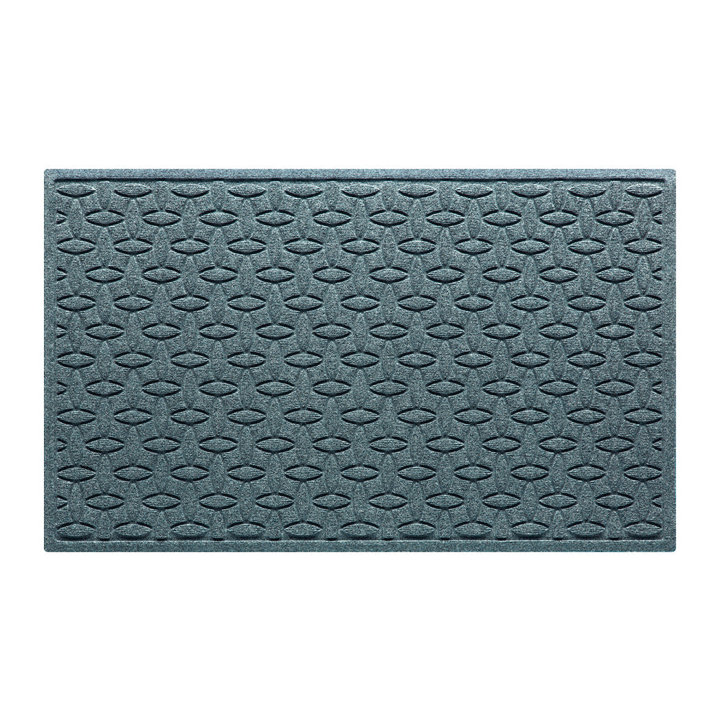 An Ellipse WaterHog 3x5 outdoor doormat in a light blue/grey interlocking elliptical bi-level design.