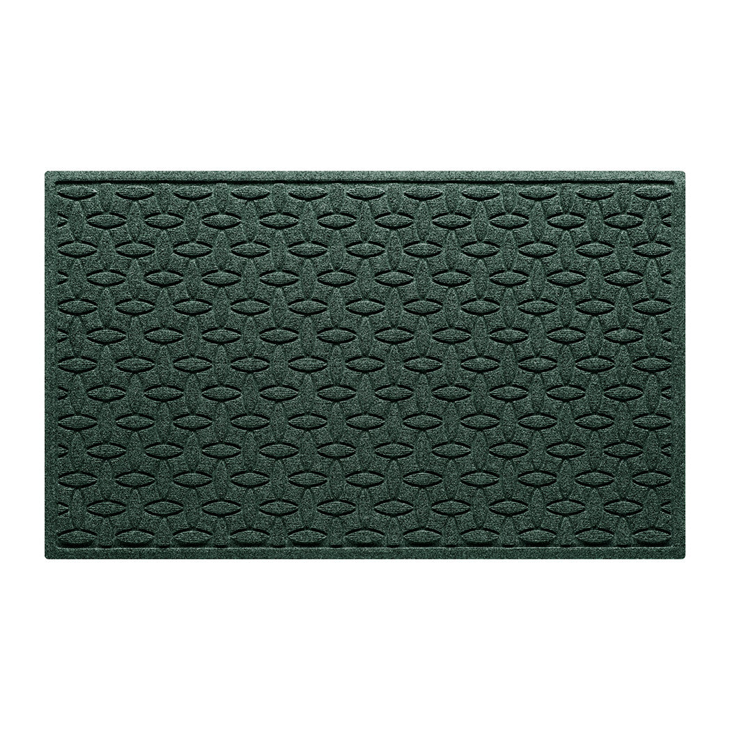 A large WaterHog large outdoor door mat with a deep green interlocking elliptical design; an American-made mat.