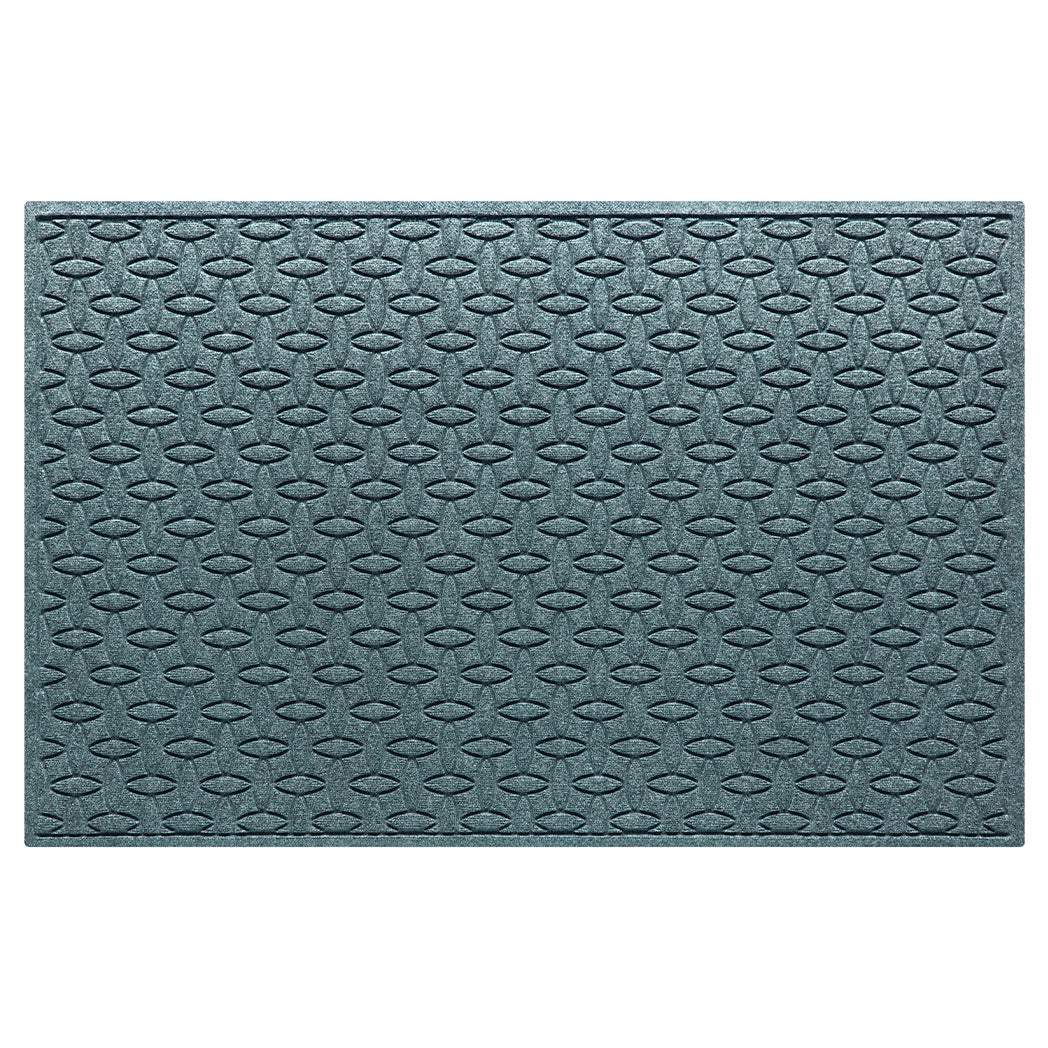 An Ellipse WaterHog medium outdoor runner in a light blue/grey interlocking elliptical design; an American-made mat.
