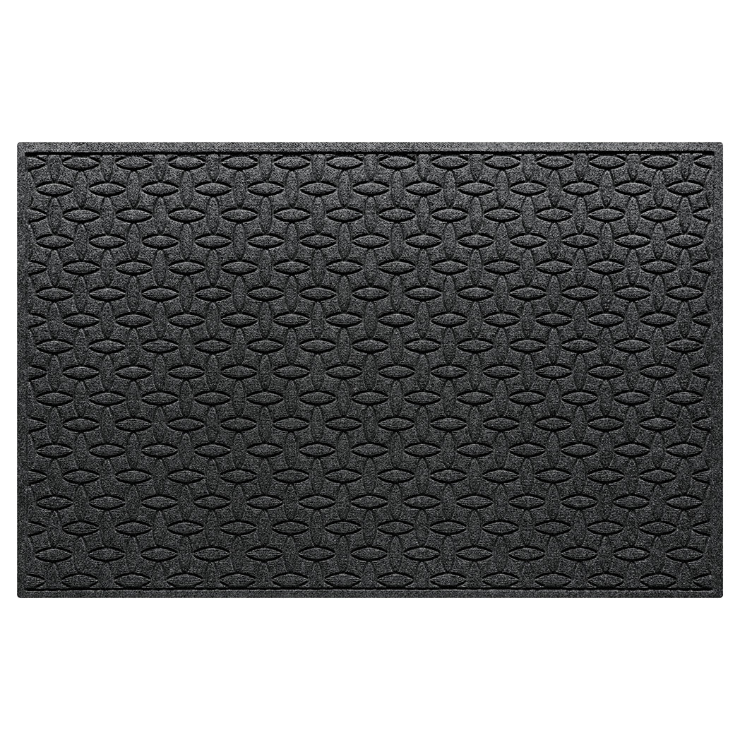An Ellipse WaterHog XL indoor/outdoor modern door mat with a deep grey interlocking elliptical design; an American-made mat.