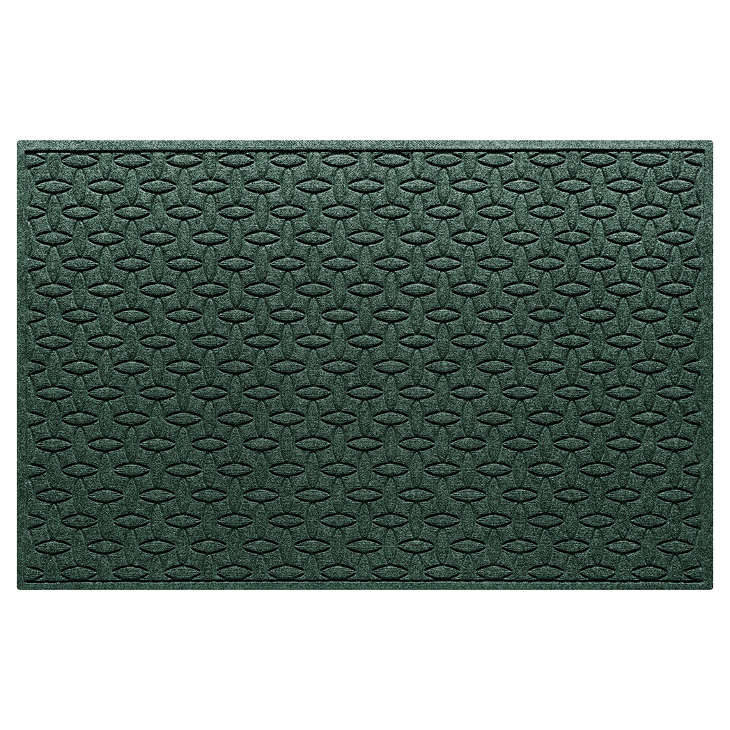 An extra large WaterHog outdoor door mat with a deep green interlocking elliptical pattern.