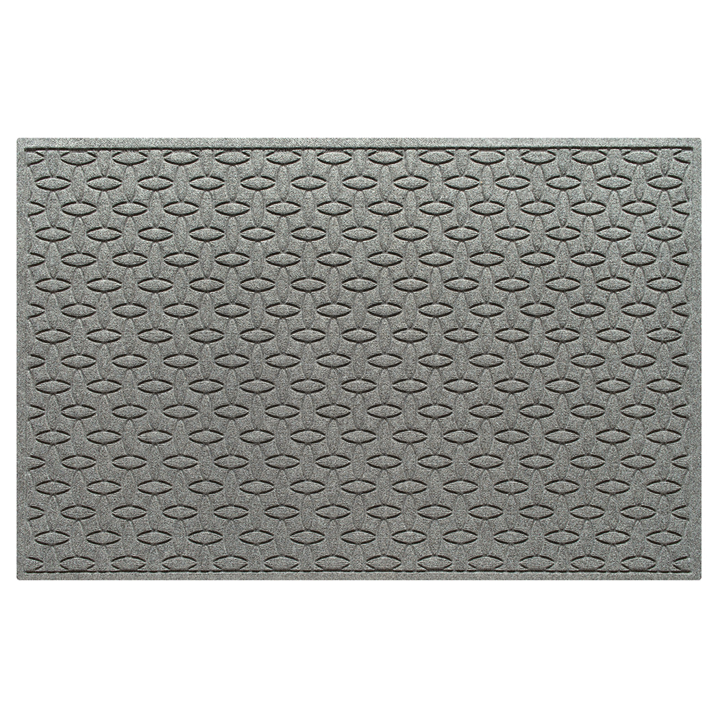 WaterHog 4x6 indoor/outdoor luxury doormat in a light grey interlocking elliptical pattern with an eco-friendly, durable surface.