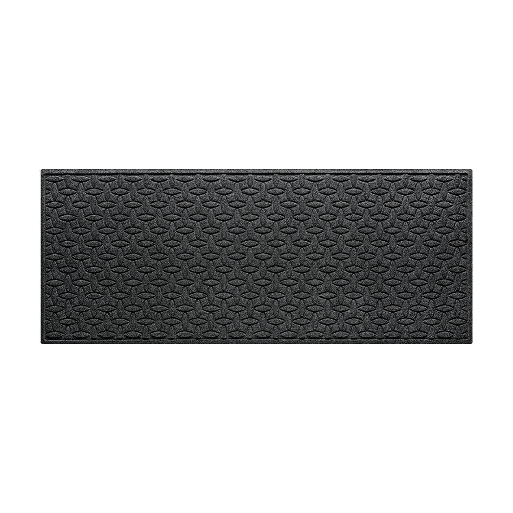 WaterHog 3x8 modern runner with a deep grey interlocking elliptical fade-resistant surface, and durable rubber backing.