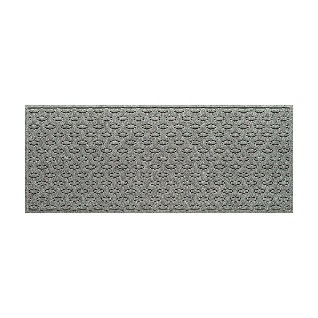 WaterHog 3x8 indoor/outdoor luxury runner in a light grey interlocking elliptical, and eco-friendly, durable surface.