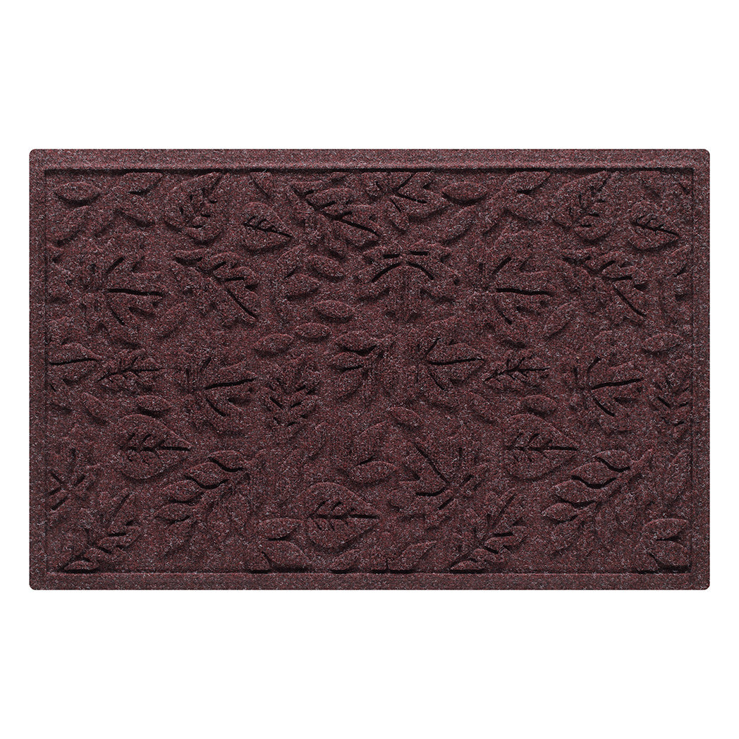 A 2x3 WaterHog outdoor all-weather door mat with a deep wine red, fallen leaves design.