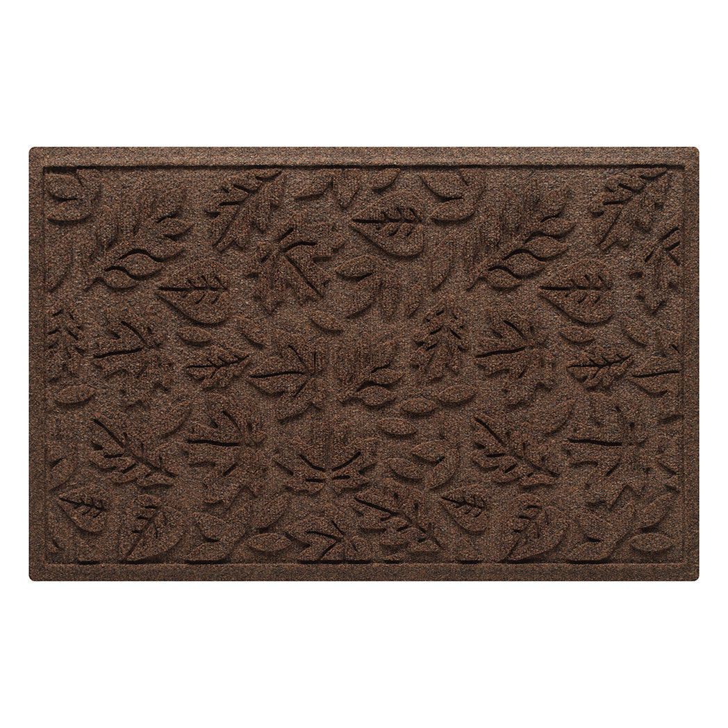 Fall Day WaterHog medium-sized outdoor doormat in a dark earthy brown surface and fallen leaves pattern.