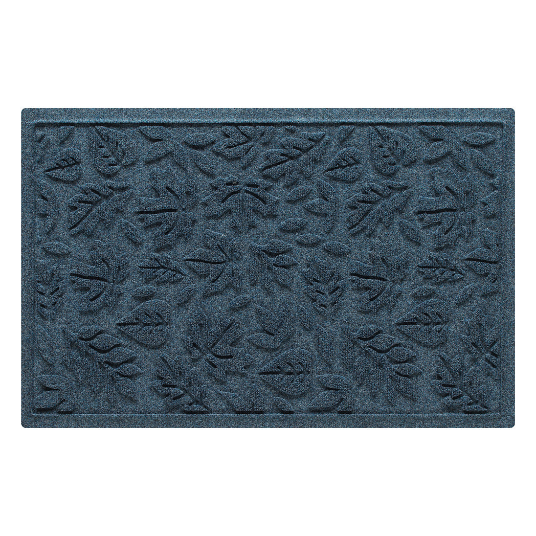 Overhead of a medium Fall Day WaterHog indoor/outdoor door mat with a relaxed blue fallen leaves pattern.