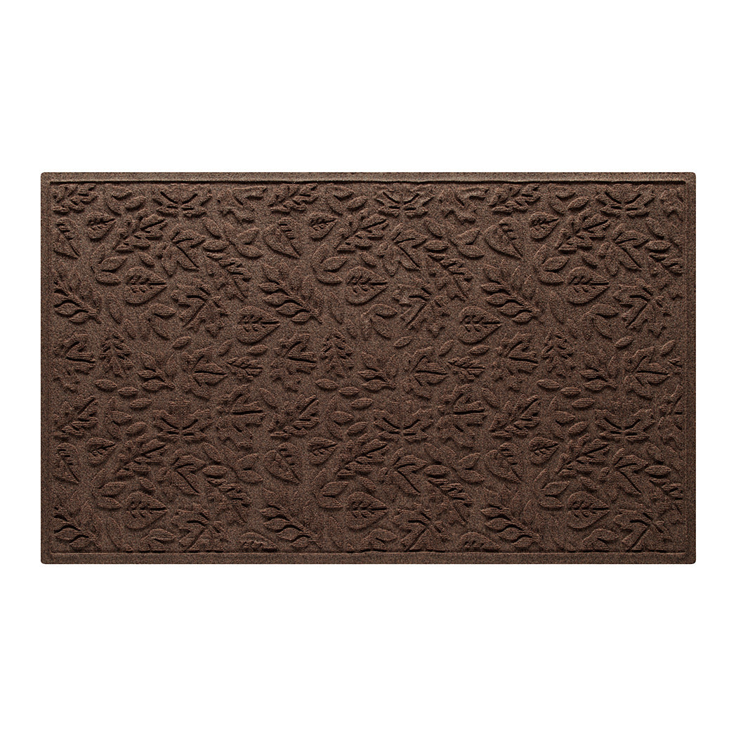 Fall Day WaterHog large outdoor doormat in a dark earthy brown fallen leaves pattern.