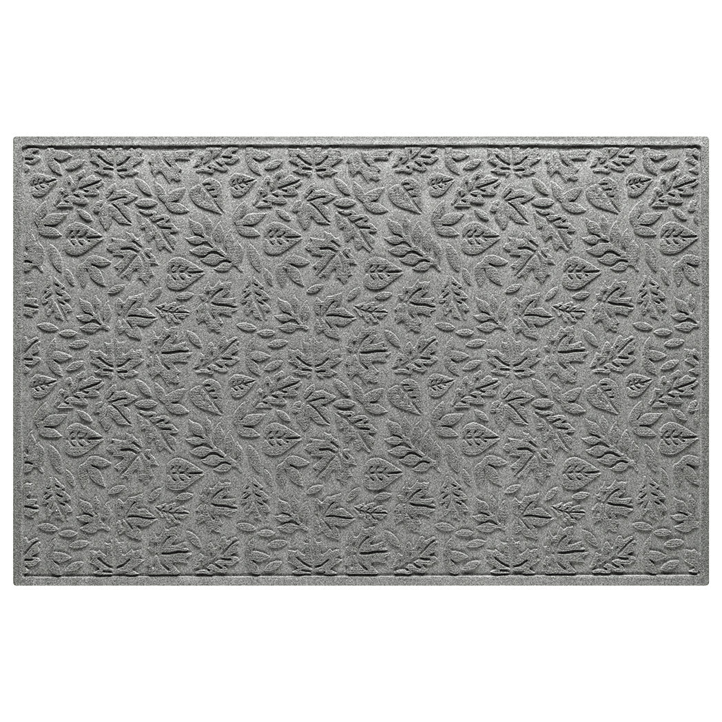 WaterHog 4x6, extra large indoor/outdoor luxury doormat in a light grey fallen leaves design; an American-made mat.