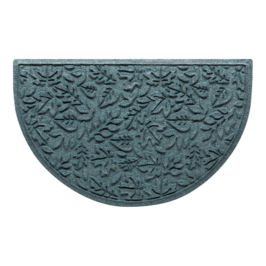 Overhead of Fall Day WaterHog indoor/outdoor half-round doormat in a light blue/grey fallen leaves pattern.