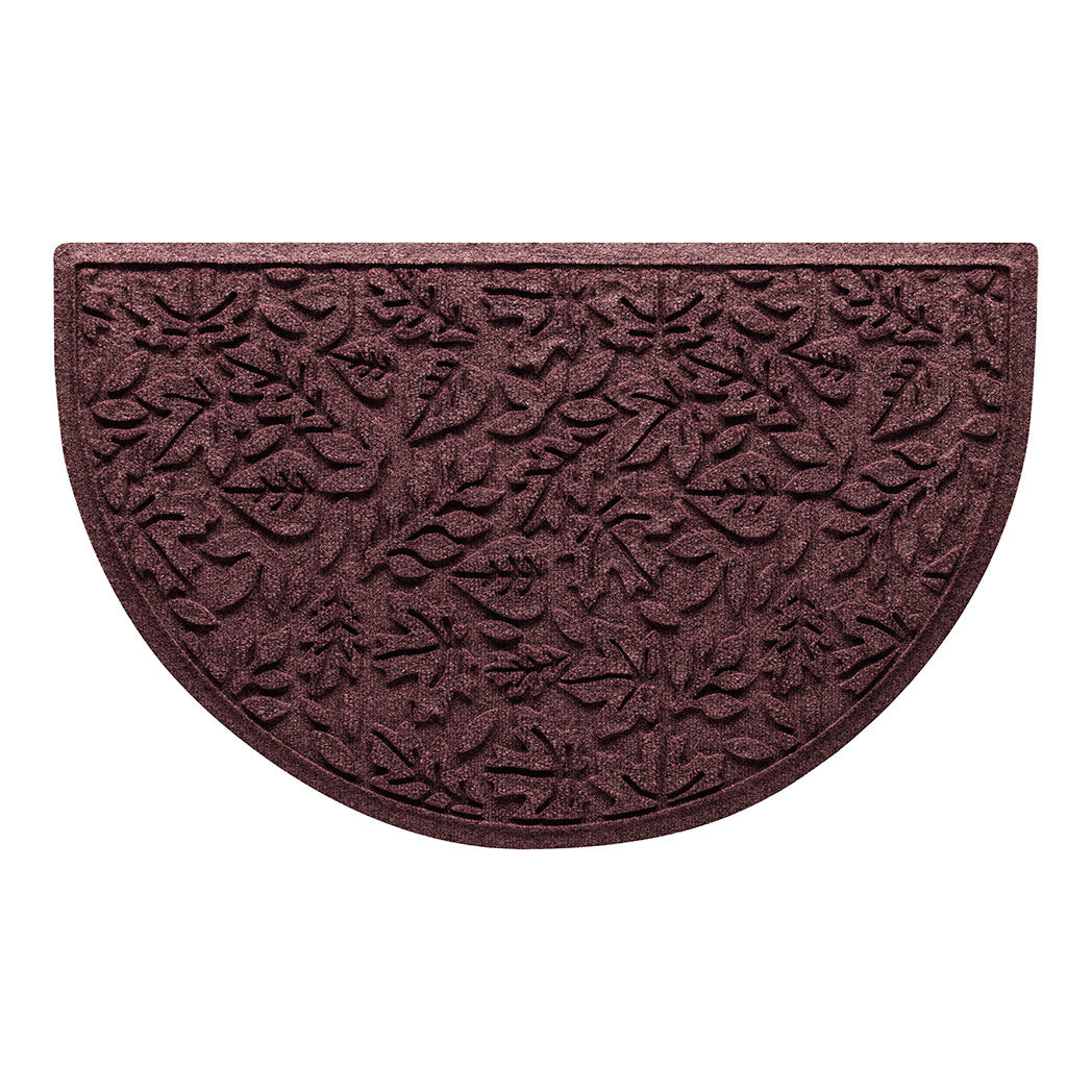 A half-round  WaterHog all-weather doormat with a deep wine red fallen leaves design; an American-made mat.