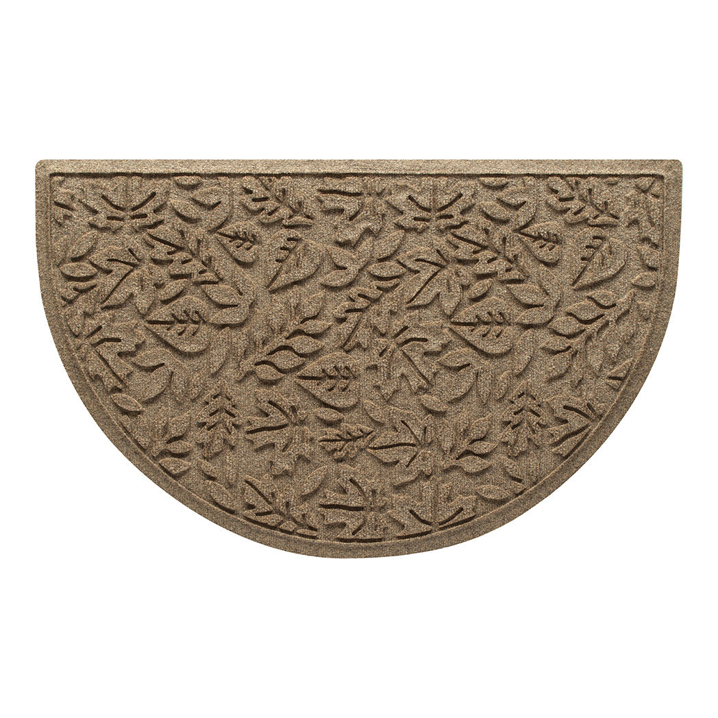 Overhead of a half-round Fall Day indoor/outdoor doormat with a light tan fallen leaves, bi-level design.