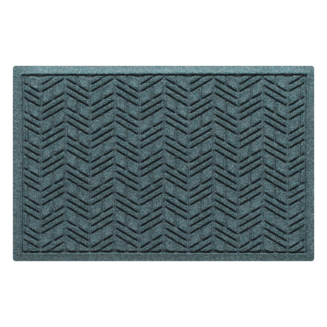 A premium WaterHog medium outdoor doormat in a light blue/grey cheveron-like design, stain-resistant surface, and durable rubber backing.