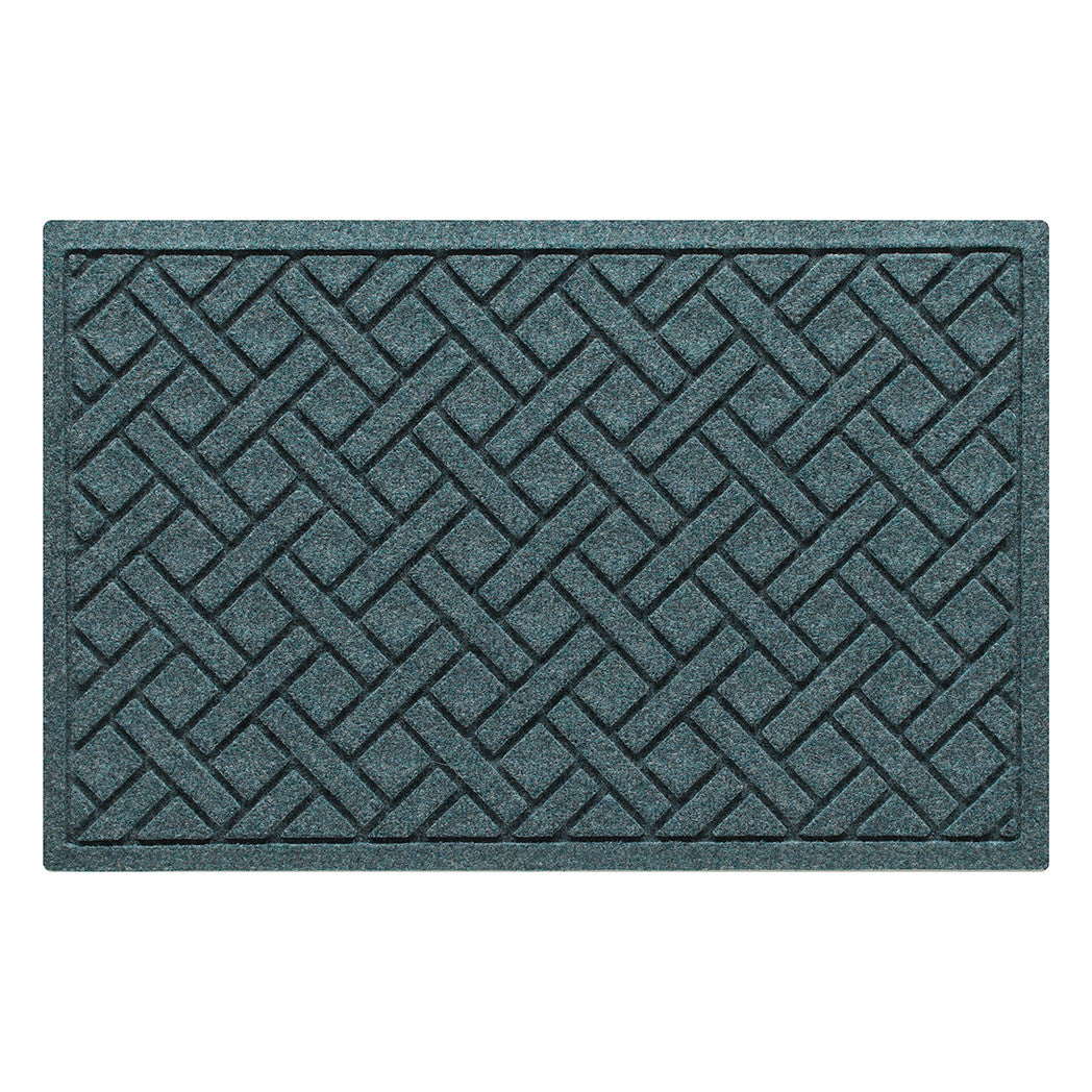 A premium WaterHog 2x3 indoor/outdoor doormat in a light blue/grey color with an interwoven diagonal lines, bi-level design.