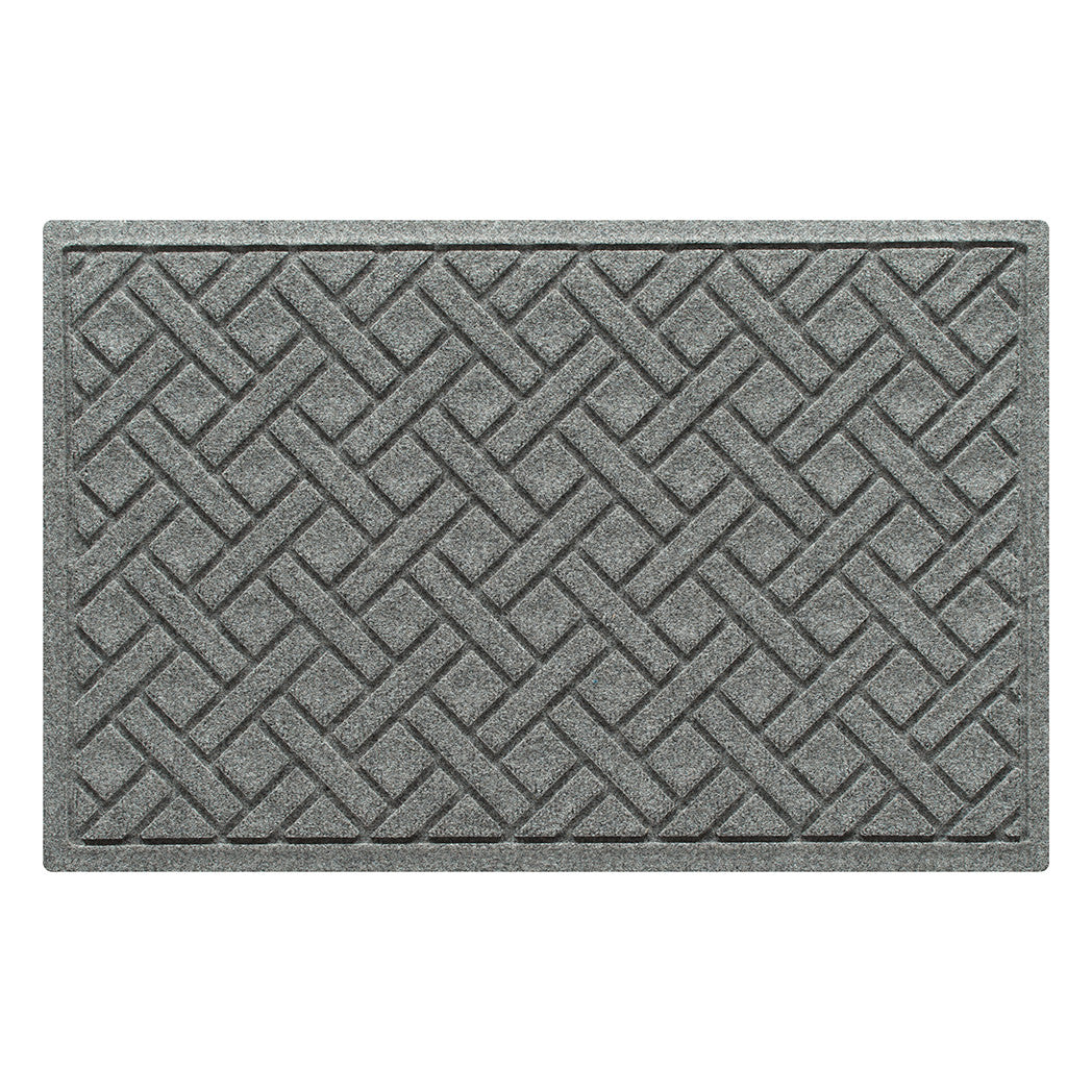 Overhead of a WaterHog Lattice luxury doormat in a light grey interwoven diagonal lines, bi-level pattern.