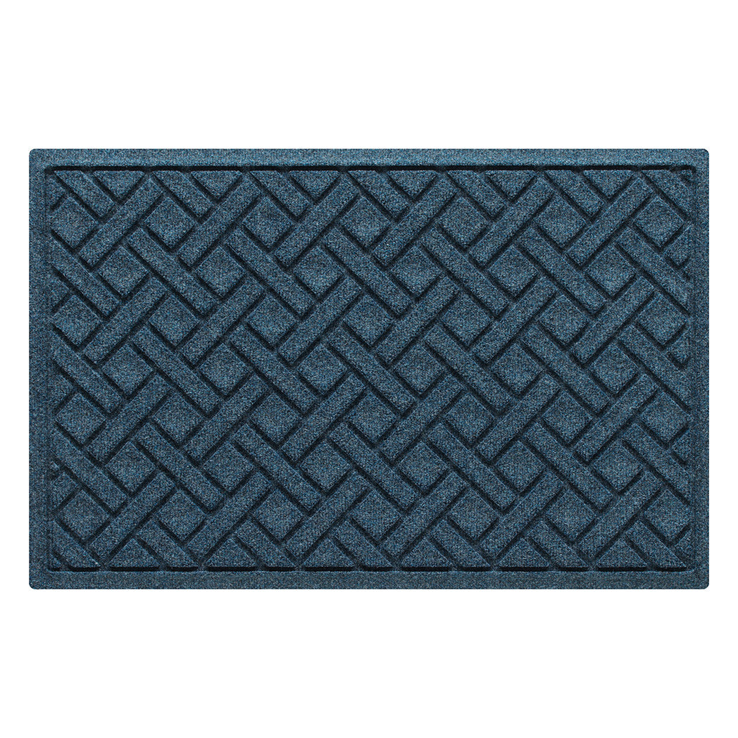 Overhead of a WaterHog modern indoor/outdoor door mat with a relaxed blue interwoven diagonal lines pattern.