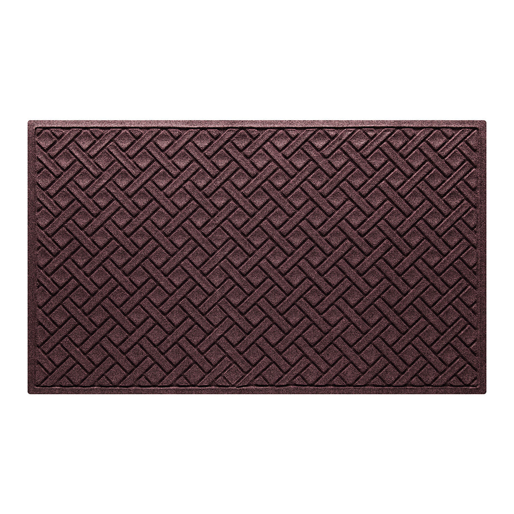 Overhead of a WaterHog Lattice 3x5 all-weather door mat with a deep wine red surface, and durable rubber backing.