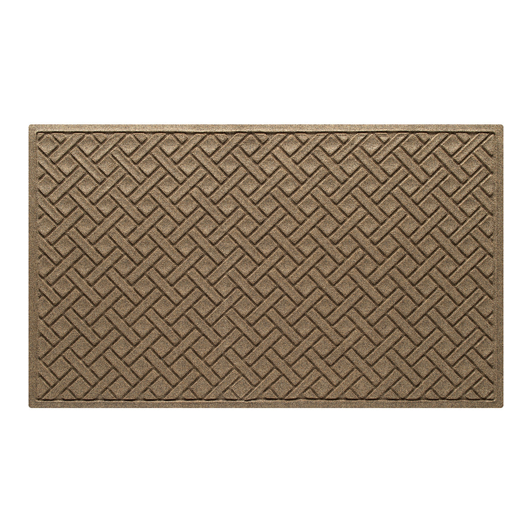An OG WaterHog Lattice 3x5 indoor/outdoor doormat in a light tan interwoven diagonal lines, bi-level design.