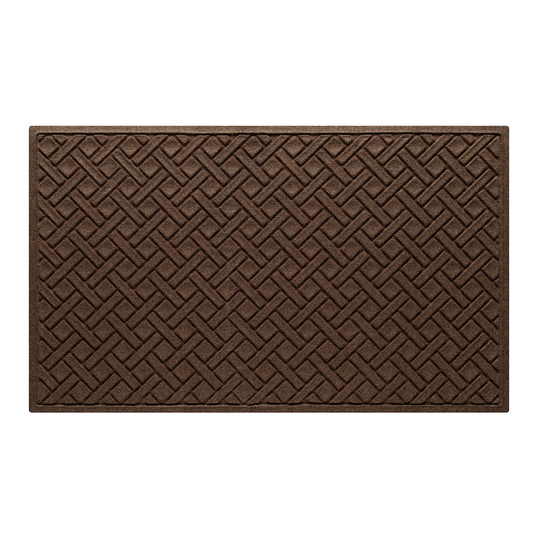 Authentic WaterHog 3x5 outdoor doormat in a dark earthy brown interwoven diagonal lines pattern.