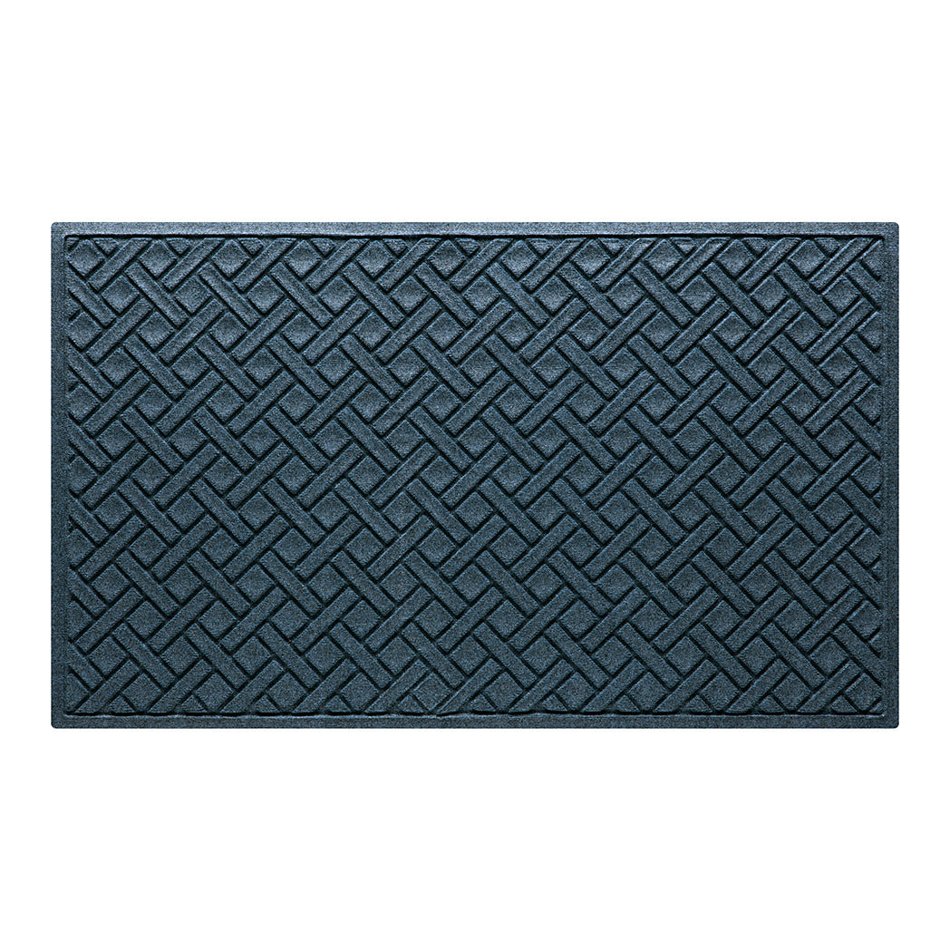 A Lattice WaterHog large outdoor door mat with a relaxed blue interwoven diagonal lines pattern.