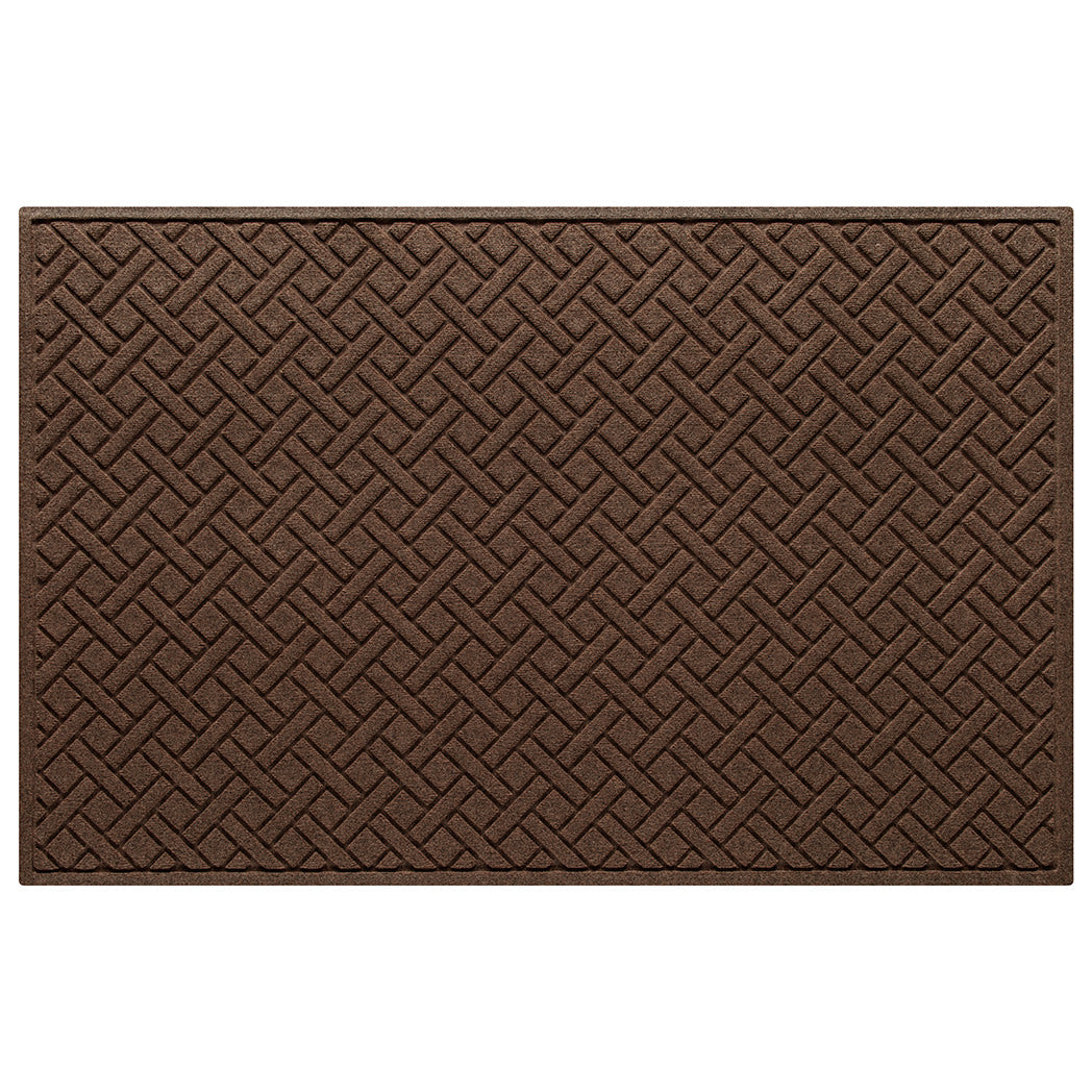 Authentic WaterHog 4x6 outdoor doormat in a dark earthy brown interwoven diagonal lines pattern.