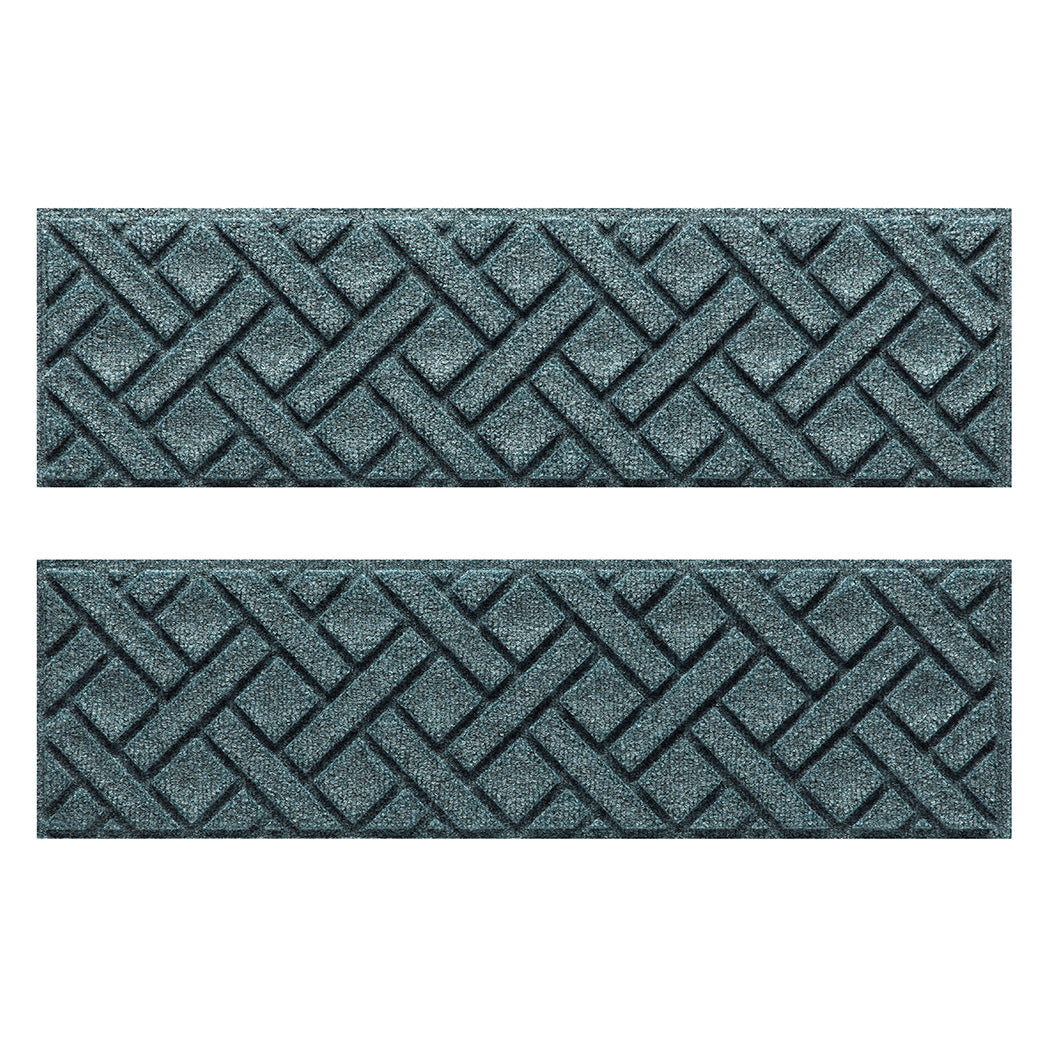 Pair of WaterHog Lattice all-weather stair treads  in a light blue/grey interwoven diagonal lines pattern.