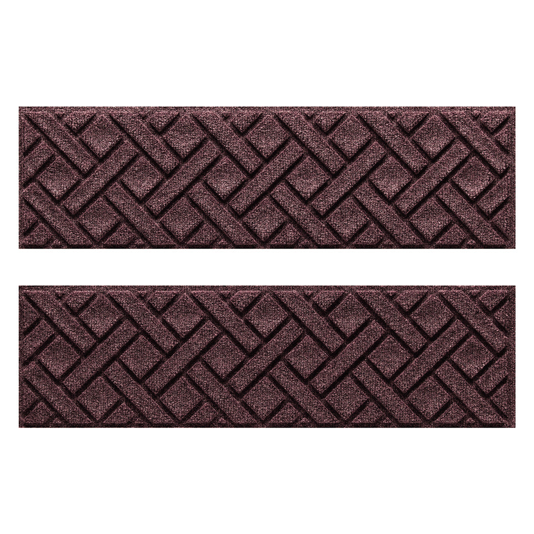 Two WaterHog Lattice water-resistant stair treads with a deep wine red eco-friendly surface.