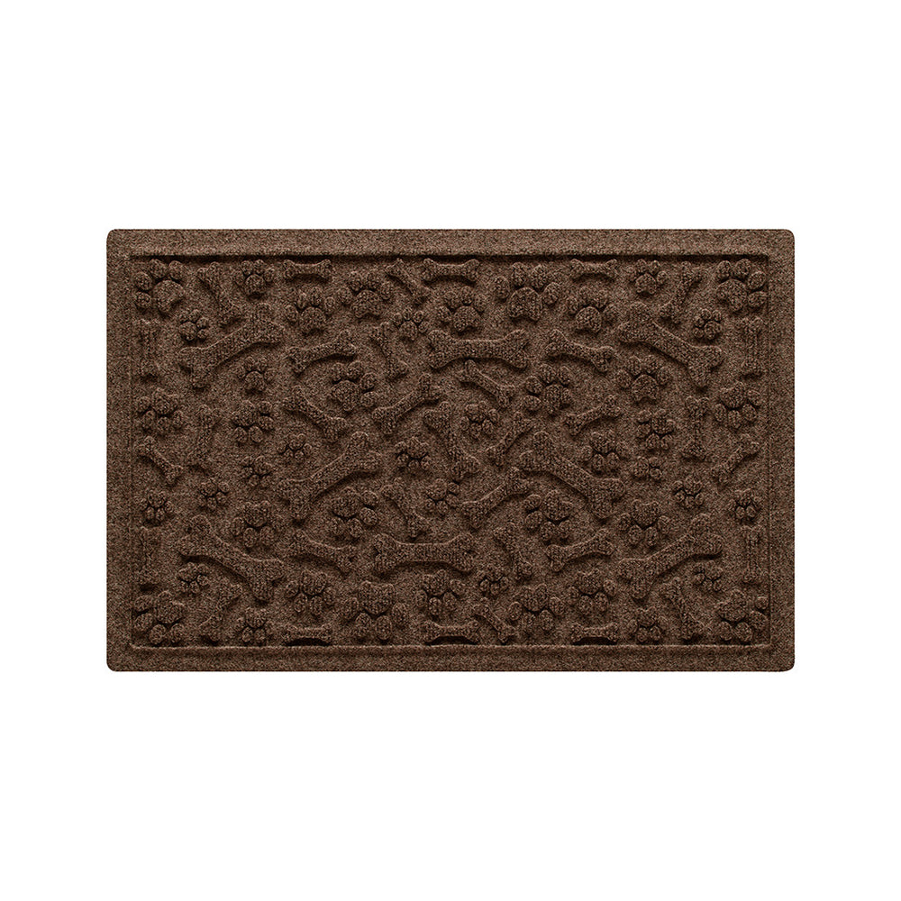 Overhead of an 18x28 WaterHog Paws & Bones bowl mat with a dark earthy brown fade-resistant surface.