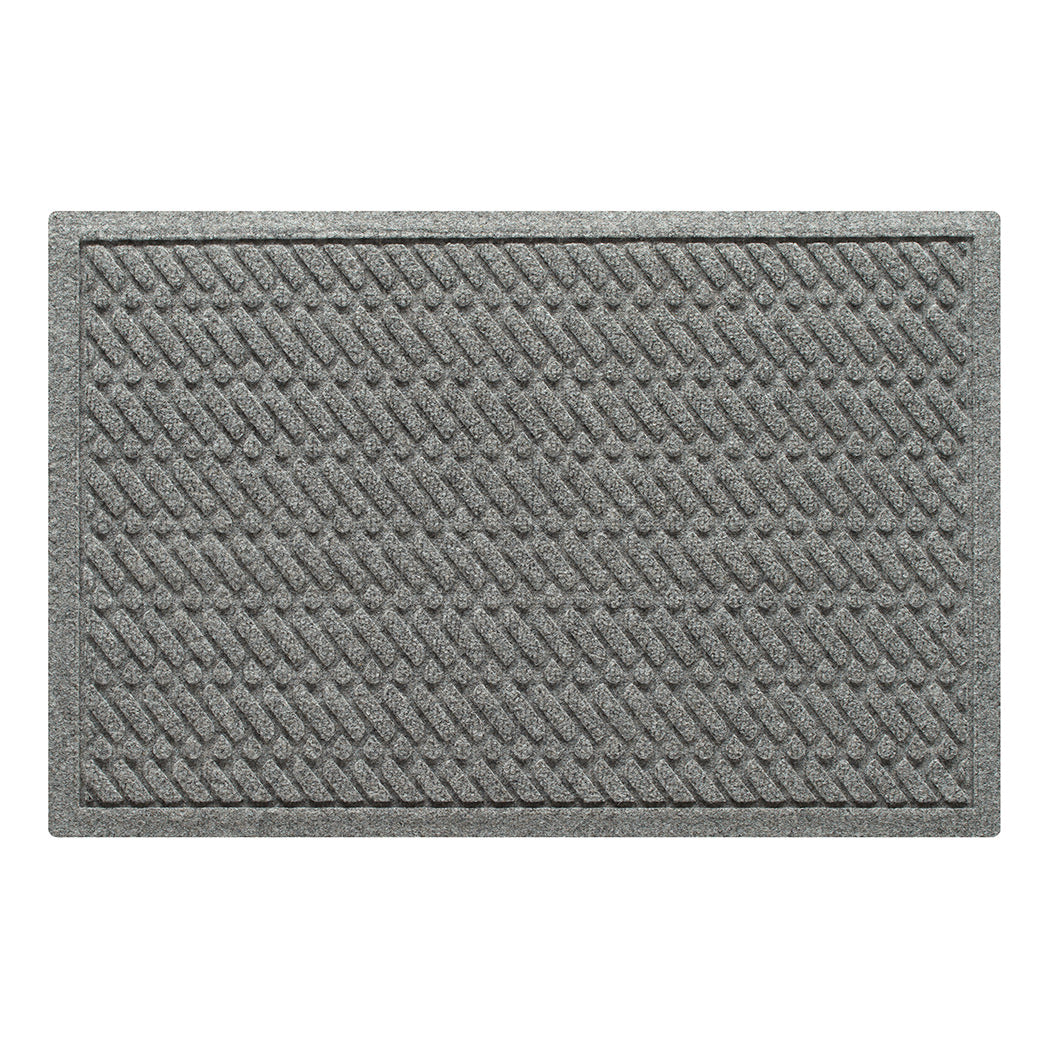 A WaterHog 2x3 indoor/outdoor luxury doormat in a light grey diagonal design, and eco-friendly, durable surface.