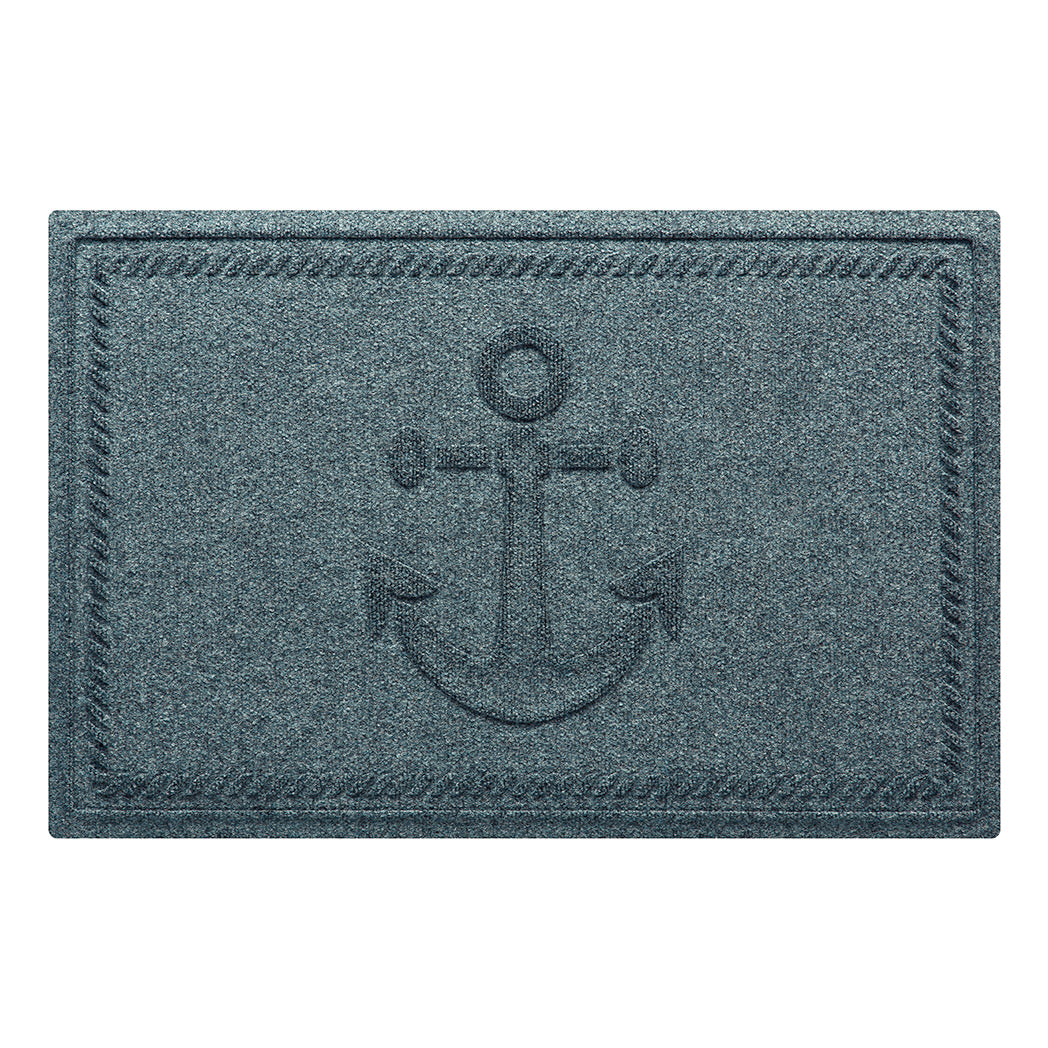 WaterHog Ship's Anchor all-weather doormat in blue/grey, featuring a raised anchor design in the center with a decorative rope like border, displayed on a white background.