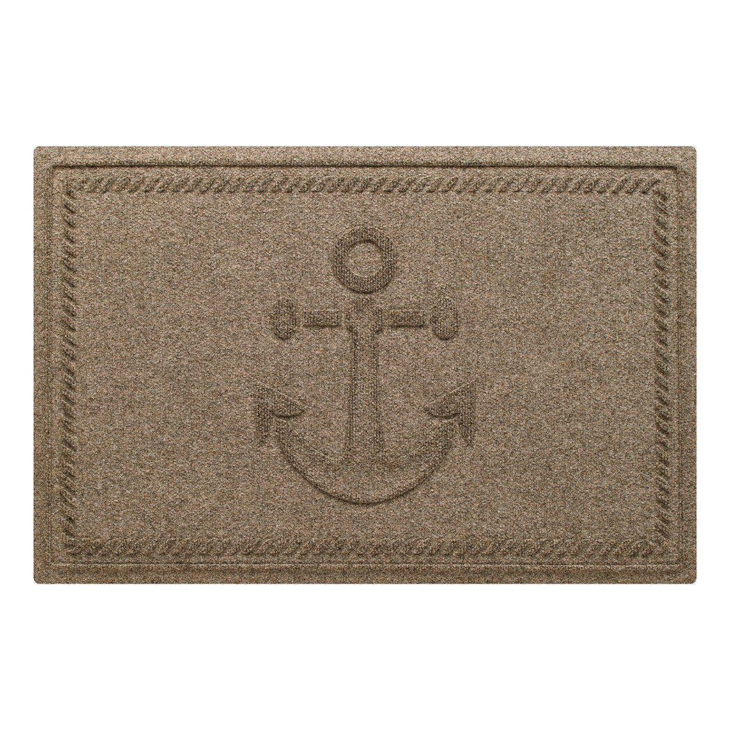 WaterHog Ship's Anchor all-weather doormat in light tan, featuring a raised anchor design in the center with a decorative rope like border, displayed on a white background.