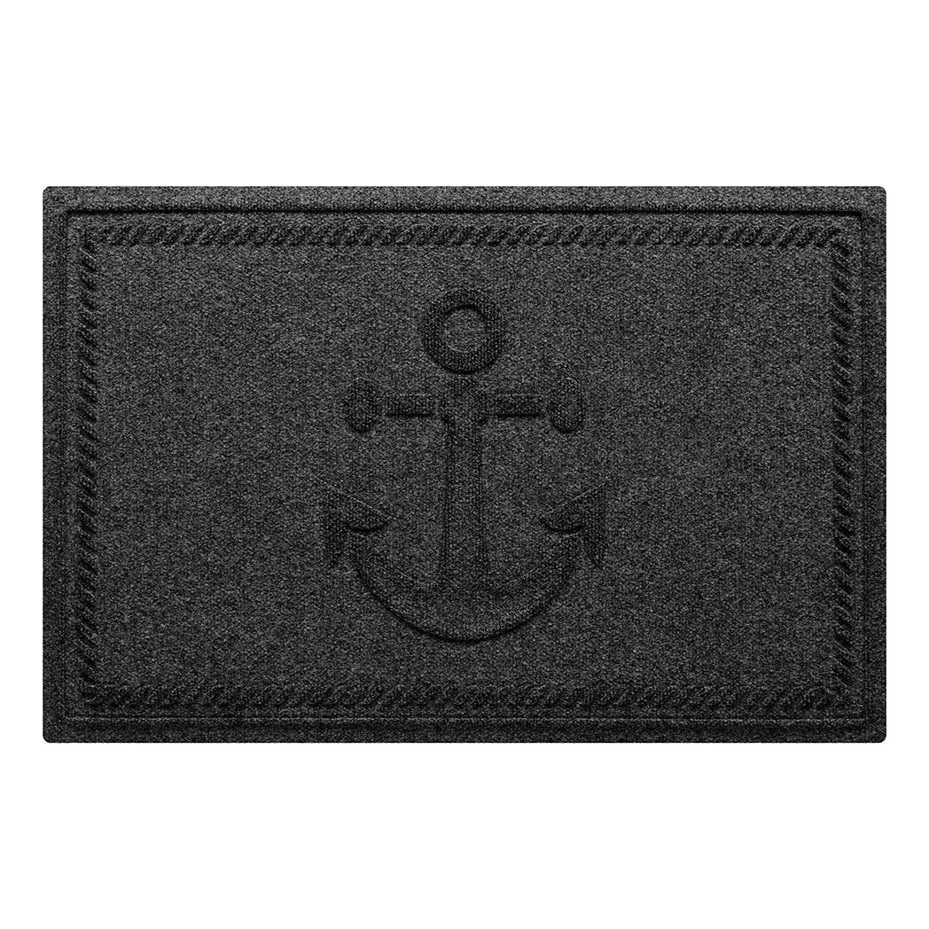 WaterHog Ship's Anchor all-weather doormat in a dark grey, featuring a raised anchor design in the center with a decorative rope like border, displayed on a white background.