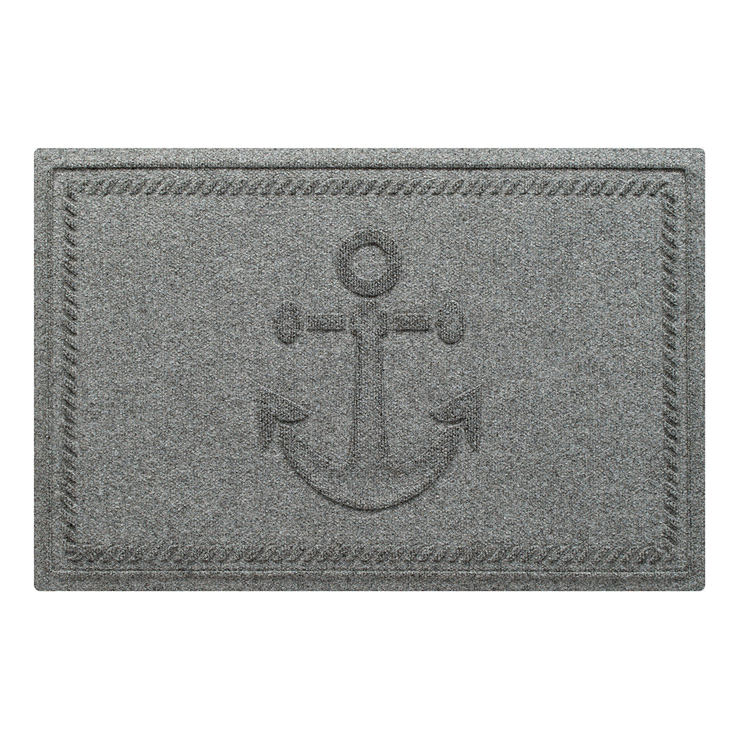 WaterHog Ship's Anchor all-weather doormat in light grey, featuring a raised anchor design in the center with a decorative rope like border, displayed on a white background.