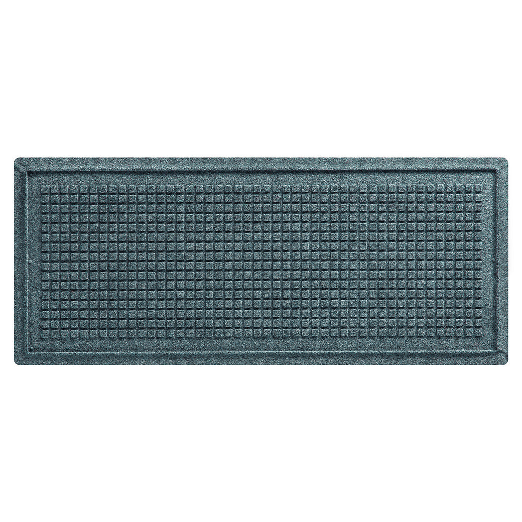 Overhead of a WaterHog mat for boots and shows in a light blue/grey/green surface and uniform grid pattern.
